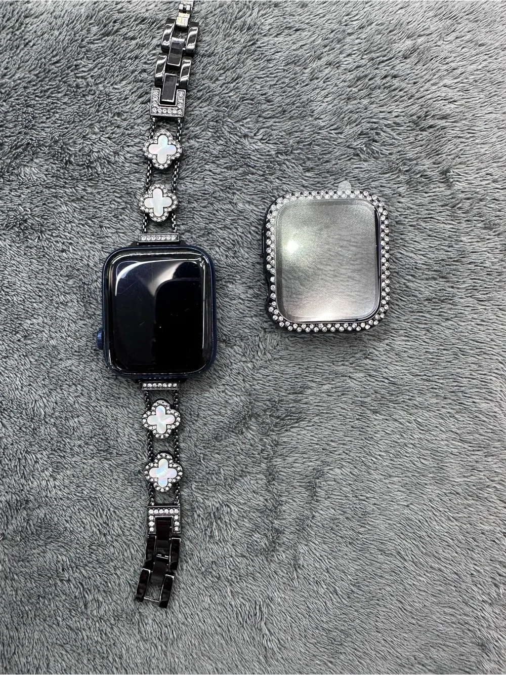 Black Decorative Apple Watch Band with Rhinestone Clover Accents